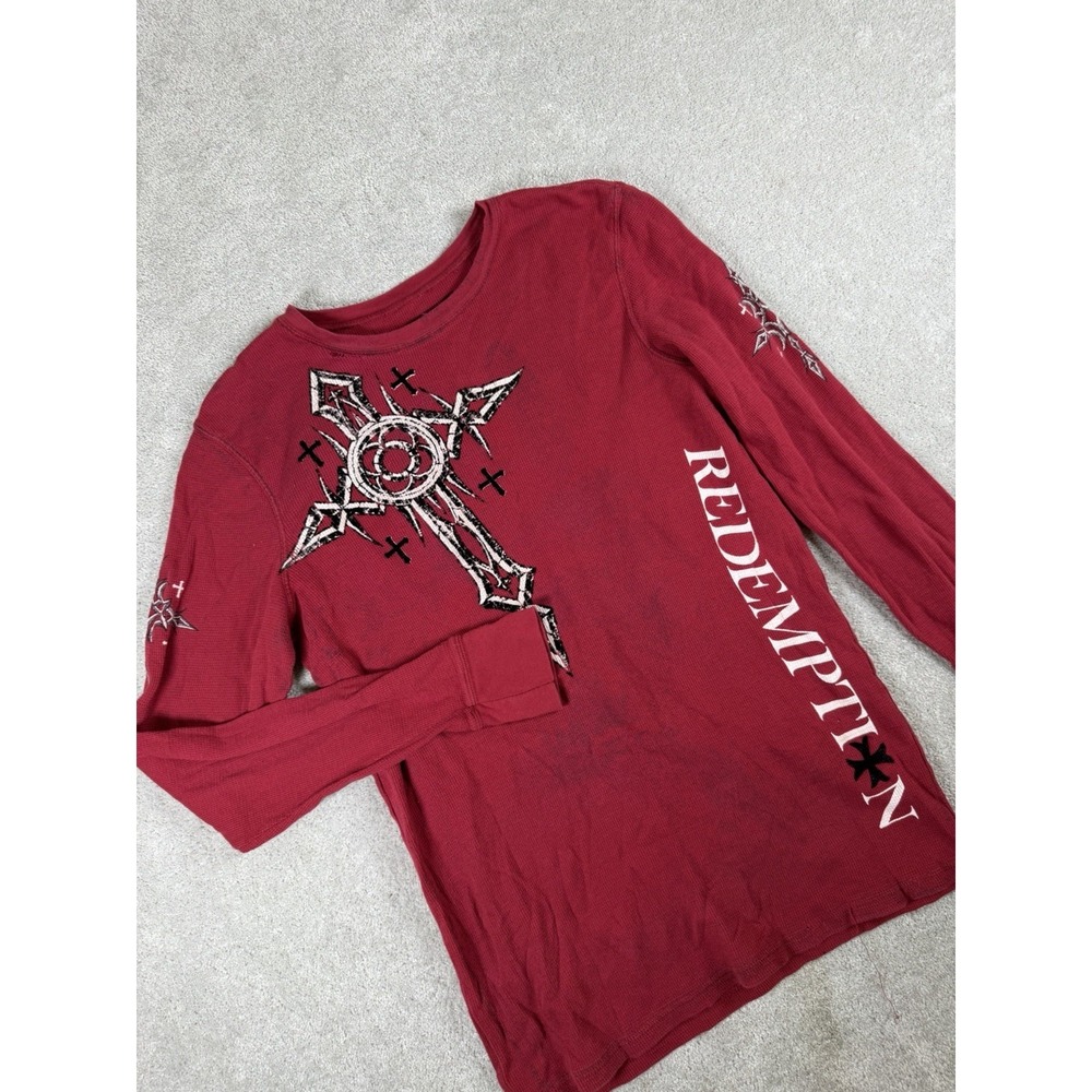 Raw State Redemption Shirt Thermal Mens Size Med Graphic Waffle Knit Wings Cross